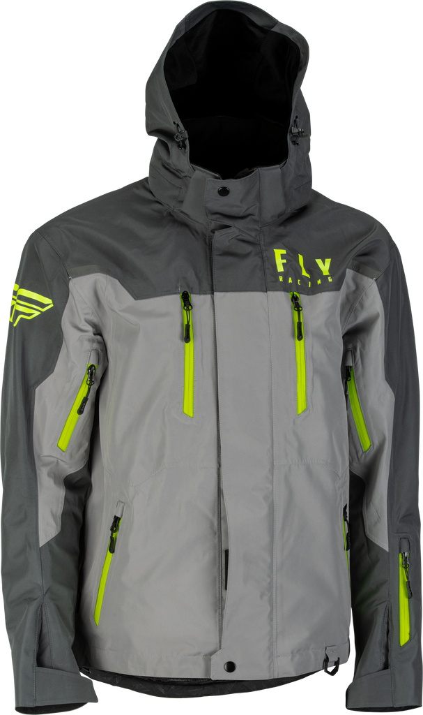 Fly Racing Incline jacket in black, grey, and hi-vis, size large, showcasing the lightweight, high-visibility motorcycle riding gear.