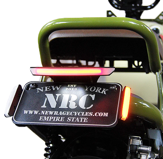 New Rage Cycles Fender Eliminator body for HON motorcycle, showcasing sleek black design and mounting hardware.