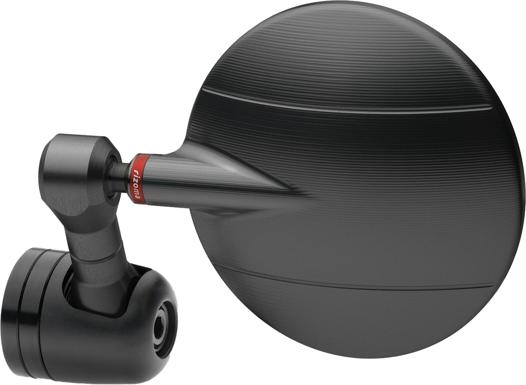 RIZOMA Spy-R 80mm black mirror showing sleek motorcycle mirror with round black finish and reflective surface.