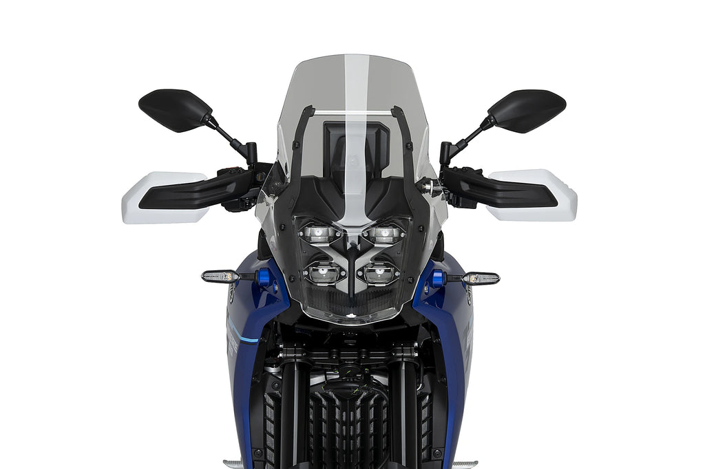 Clear PUIG Rally Windscreen for Yamaha motorcycle, lightweight windshield with aerodynamic design and mounting hardware.