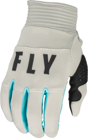 Fly Racing Youth F-16 gloves in light grey and sky blue, designed for young riders with protective features and breathable fabric.