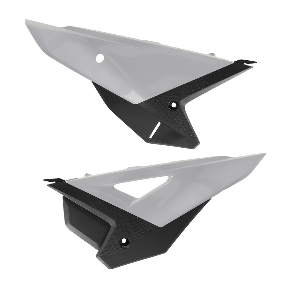 Polisport Plastics white side panels for Honda CRF motorcycle, replacement parts with detailed design and branding visible.