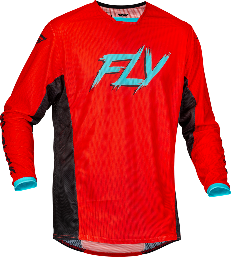 Fly Racing Kinetic Mesh Rave Jersey in red, black, and mint with breathable mesh fabric and vibrant color blocks.