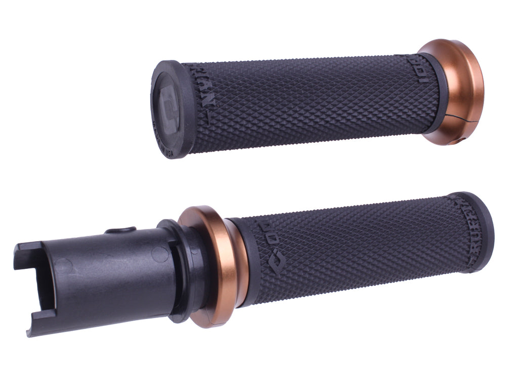 ODI Grips Lock-On Ruffian grips in black and bronze for motocross bikes, with textured surface and secure locking mechanism.