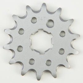 Fly Racing steel 14-tooth front CS sprocket for Kawasaki, Suzuki, Yamaha street motorcycles, visible in the image.