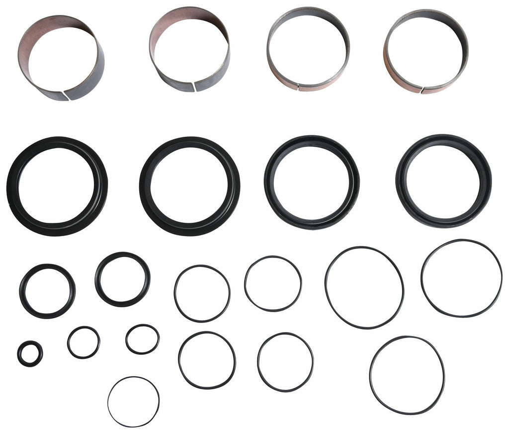 Pivot Works suspension seal and bushing kit for Husqvarna and KTM forks, showing various seals and bushings in the kit.