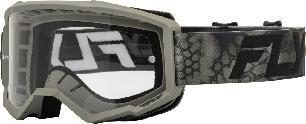 Fly Racing Youth Focus Se Kryptek goggles in moss grey and black with clear lens, designed for motocross or off-road riding.