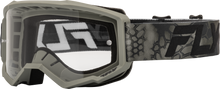 Load image into Gallery viewer, Fly Racing Youth Focus Se Kryptek goggles in moss grey and black with clear lens, designed for motocross or off-road riding.