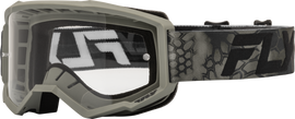 Fly Racing Youth Focus Se Kryptek goggles in moss grey and black with clear lens, designed for motocross or off-road riding.
