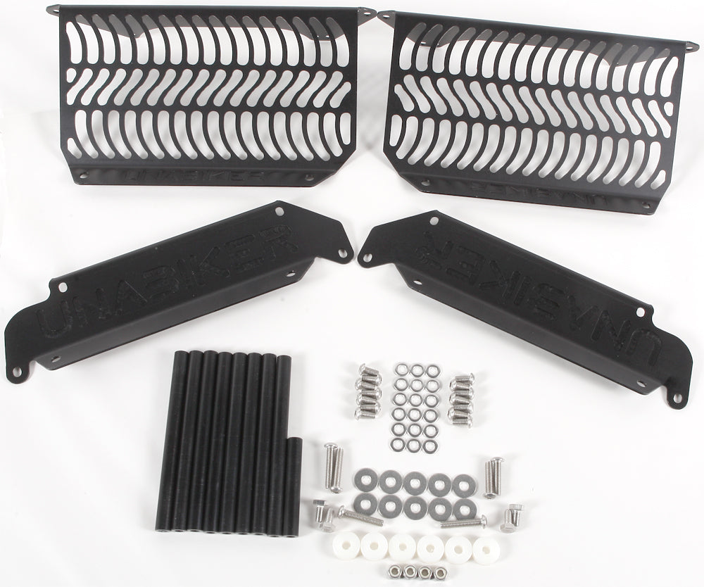 Unabiker black off-road radiator guard with protective mesh design for motorcycle cooling system.