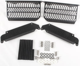 Black Unabiker Radiator Guard for off-road vehicles, showing protective metal mesh design on a motorcycle radiator.