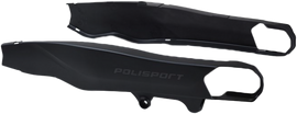 Polisport Plastics black swingarm protectors for Gas, Husqvarna, KTM motorcycles, engine protection accessories.