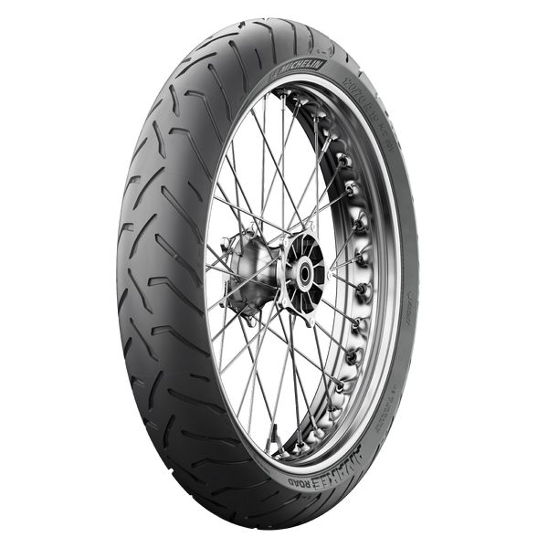 Michelin Anakee Road front tire 90/90-21 bias tire for motorcycles, showing tread pattern and sidewall details.
