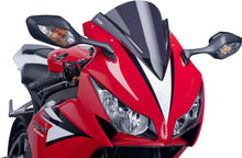 Load image into Gallery viewer, PUIG Racing Dark Smoke Windscreen for motorcycle, clear tinted windshield with aerodynamic design and branding details.