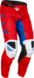 Fly Racing Kinetic Mesh S.E. Kore Pants in red, white, and blue, size 34, featuring breathable mesh fabric and racing-style design.