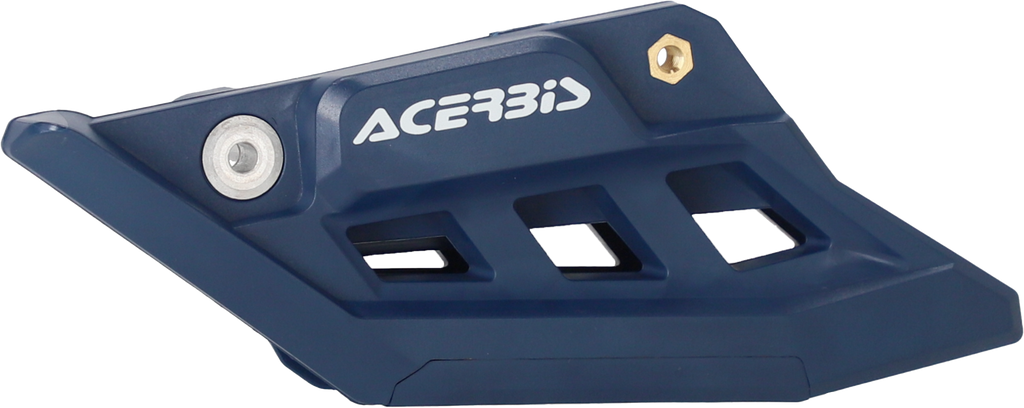 Acerbis blue KTM drive chain guide block with mounting bracket, designed for motorcycle chain protection and alignment.