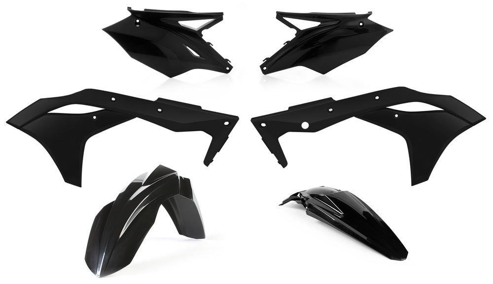 Acerbis black plastic kit for street motorcycles, includes various durable plastic parts for replacement or customization.