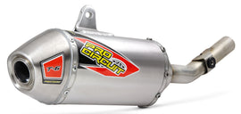 Pro Circuit T-6 stainless slip-on exhaust silencer for Kawasaki motorcycle, featuring a sleek metal finish and compact design.