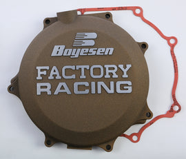 Boyesen Factory Racing Magnesium Clutch Cover for street bikes, showcasing its sleek design and durable magnesium construction.