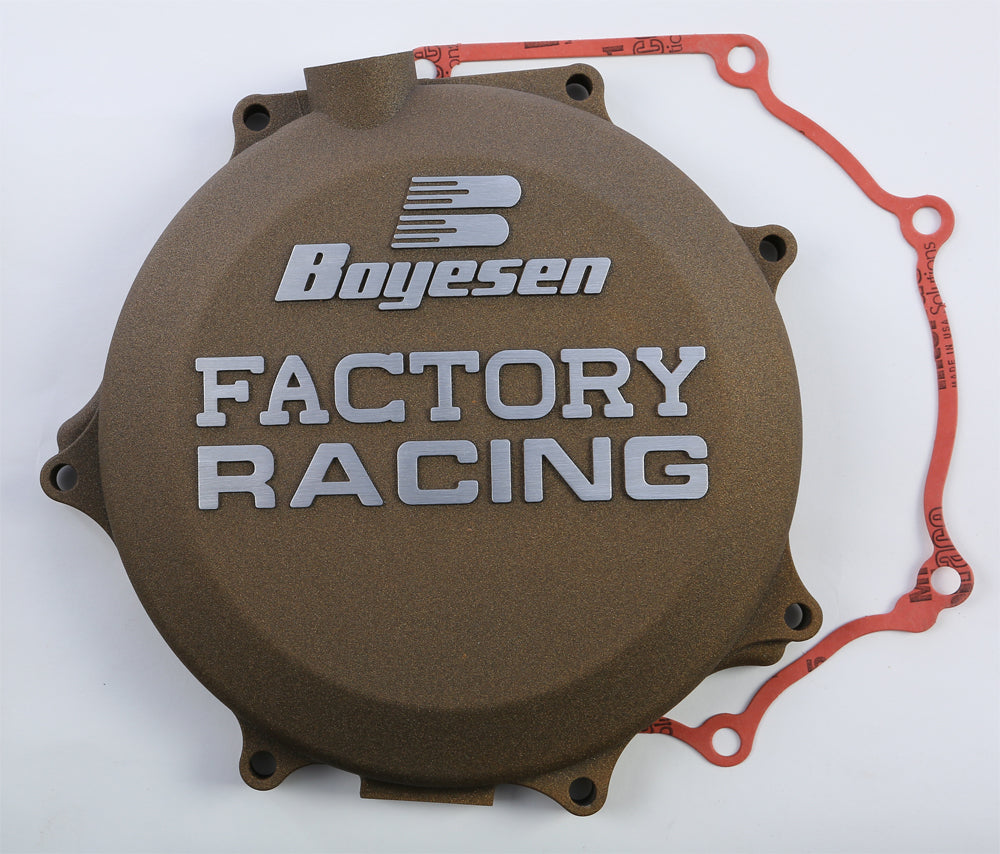 Boyesen Factory Racing Clutch Cover Magnesium for street bikes, showcasing the sleek, lightweight magnesium clutch cover with branding.