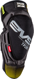 Black and hi-vis Youth EVS TP199 knee and shin guard, protective safety gear with padding and adjustable straps.