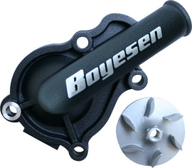 Boyesen black waterpump cover and impeller kit for motorcycle or ATV, showing the assembled black metal components.