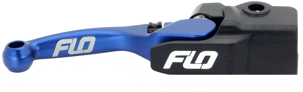 Blue Flo Motorsports Pro 160 brake lever for motorcycles, showcasing the sleek, ergonomic design with branding details.