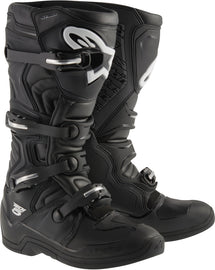 Black Alpine Star Tech 5 motorcycle boots in size 6, featuring durable design and protective features.