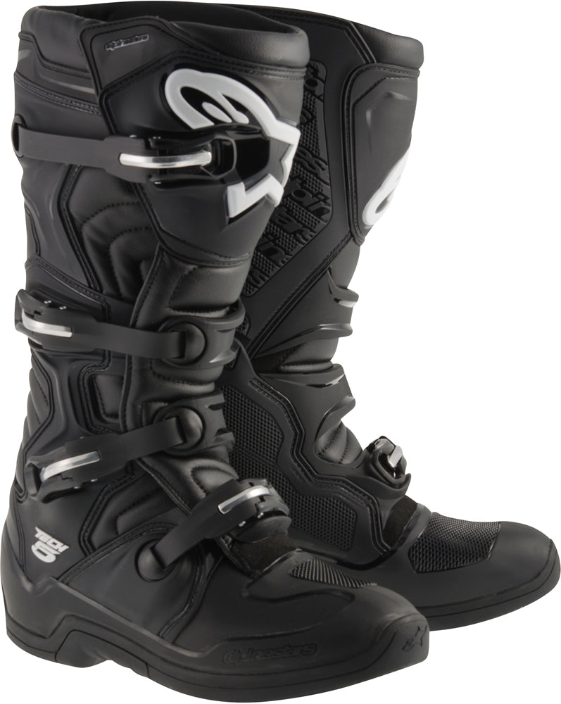 Black Alpine Star Tech 5 motorcycle boots in size 15, featuring durable design and secure fastening system.