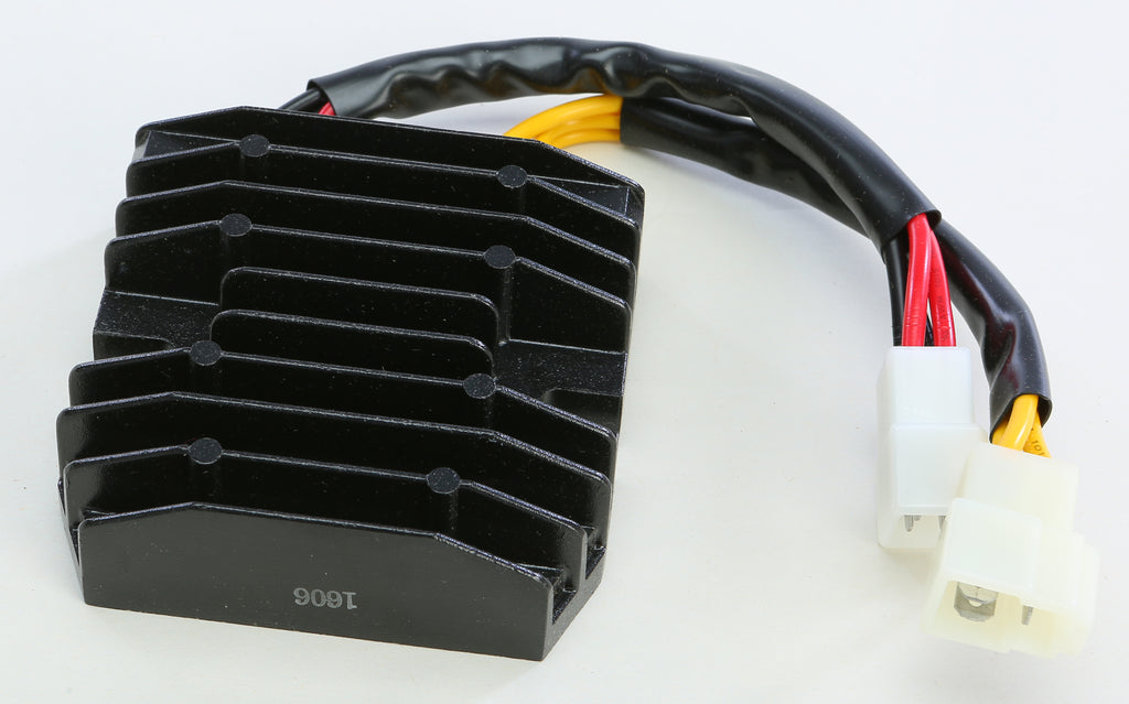 Ricks Motorsport Electric regulator and rectifier for motorcycle electrical systems, with metal mounting brackets and wiring connectors.