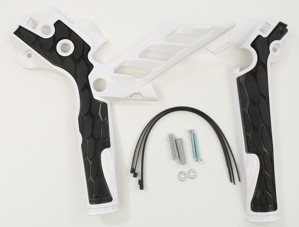 Acerbis X-Grip frame guard in white and black, showing textured surface and mounting edges for motorcycle protection.