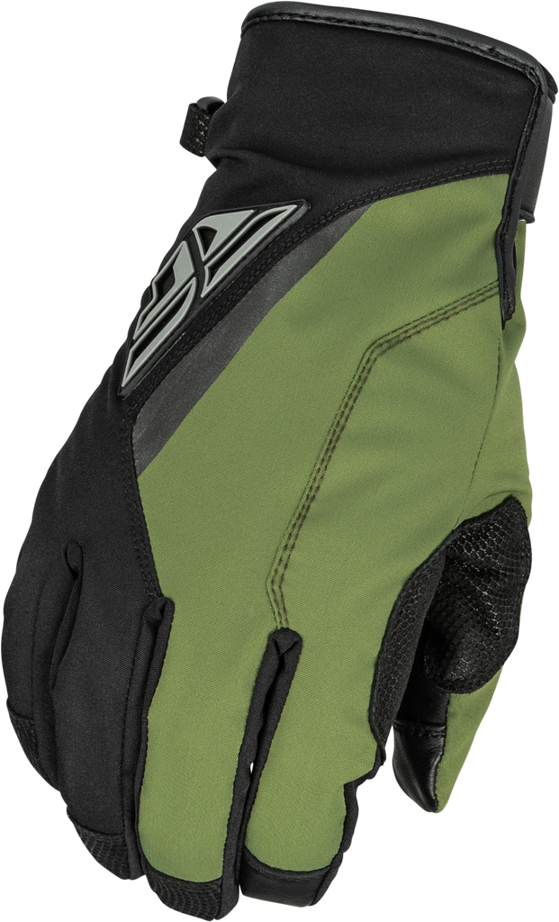 Fly Racing Title Long Gloves in black and olive, medium size, with padded palms and adjustable wrist straps for motocross riding.
