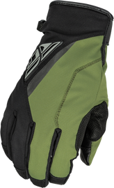 Fly Racing Title Long Gloves in black and olive, featuring padded palms and adjustable wrist straps for motocross riding.