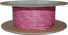 Charger l'image dans la galerie, Pink and white striped 100-foot spool of primary electrical wire from NAMZ CUSTOM CYCLE, shown on a spool with visible wire.