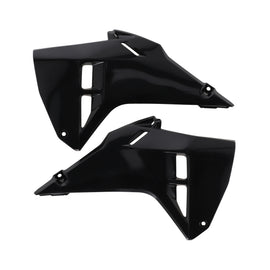 Acerbis black radiator shroud for CRF motorcycle, body part designed for cooling system protection, shown on a white background.