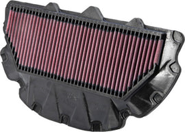 K&N Air Filter 739502 for improved engine airflow, showing the reusable air filter with a black rubber frame and pleated cotton media.
