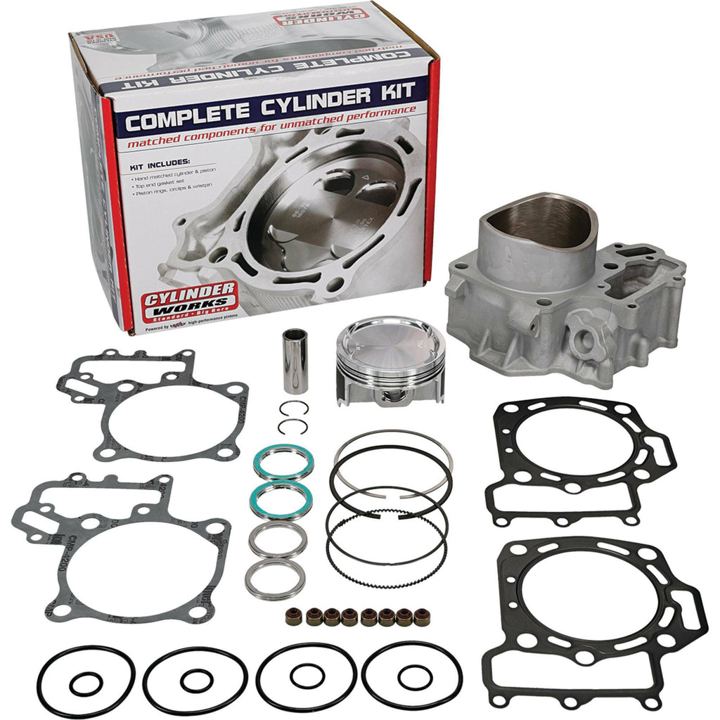 Cylinder Works front engine cylinder kit with visible metal components and branding, designed for motorcycle engine performance.