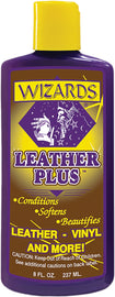 Wizards Products Leather Plus Treatment bottle, 8 fl oz, with black cap and label, used for leather conditioning and cleaning.