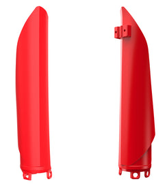 Red Polisport Plastics Beta front fork guard for motocross bikes, designed to protect motorcycle forks.