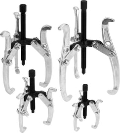 Performance Tool 4-piece 3-jaw gear puller set with metal tools and adjustable arms, ideal for removing gears and pulleys.