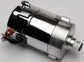 All Balls Big Twin Starter 1.4kw chrome hitachi 280-1006 for motorcycle engine, showcasing the shiny chrome finish and electrical components.