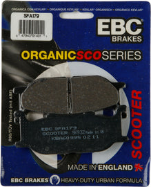 EBC Motorcycle Brakes organic brake pads Sfa179 for motorcycle braking system, showing the black brake pad material.