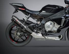 Yoshimura Signature Alpha Slip-On exhaust with stainless steel and carbon fiber components for motorcycle performance.