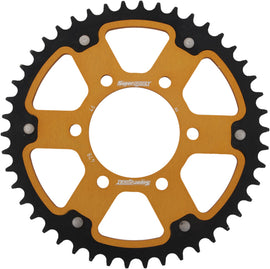 Supersprox rear stealth aluminum and steel 46-tooth street motorcycle sprocket for Kawasaki 520 models, gold color.