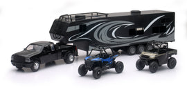 New Ray Toys Polaris vehicle and pickup toy hauler replica set with detailed accessories and vibrant colors.