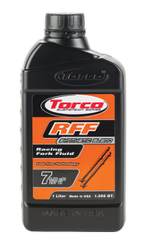 Torco RFF Racing Fork Fluid 7W in 1-liter bottle, designed for motorcycle suspension forks, with product label visible.