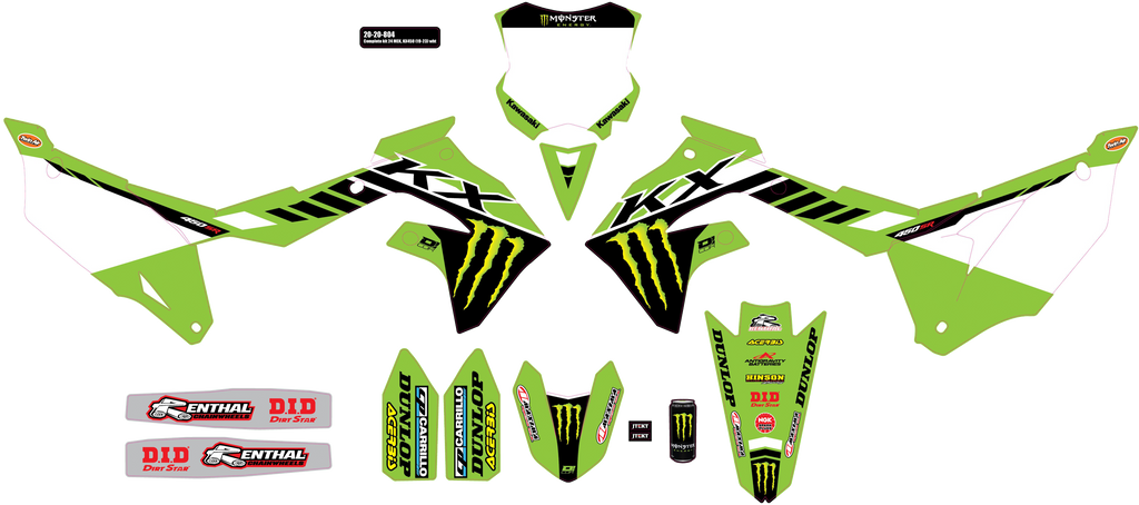 DCOR Kawasaki graphic kit with decals, featuring bold black and green design elements on a sports motorcycle.