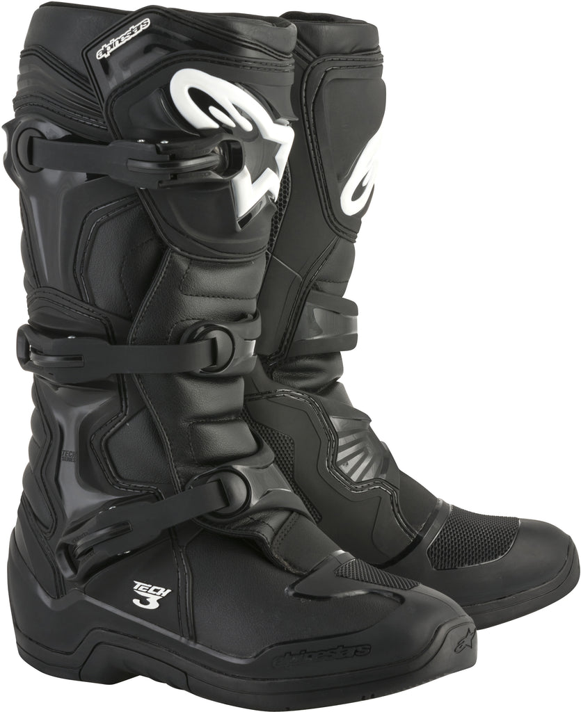 Alpine Star Tech 3 black motorcycle boots with reinforced soles and ankle protection, size 10, displayed on a plain background.