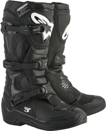 Alpine Star Tech 3 black motorcycle boots with reinforced soles and ankle protection, size 10, displayed on a plain background.