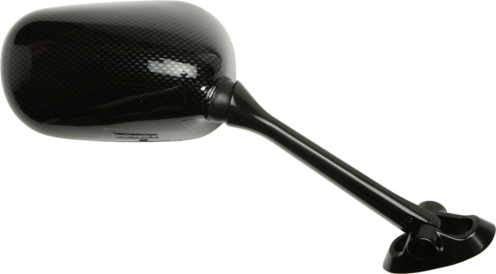 Emgo right carbon motorcycle mirror with sleek black finish, designed for Suzuki models, featuring a round reflective surface.